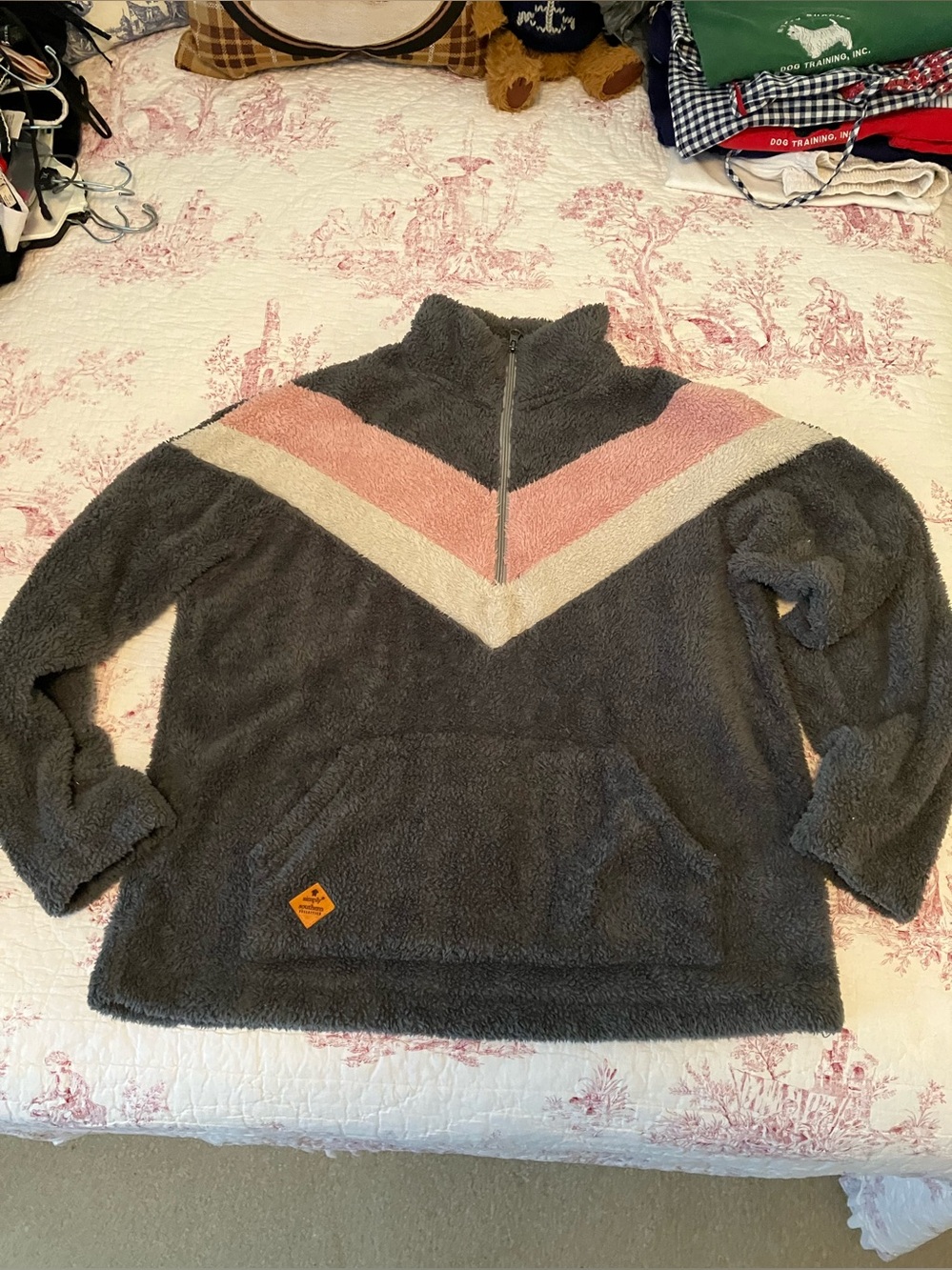 Simply Southern Gray Sherpa Pullover with Pink & Cream Chevron